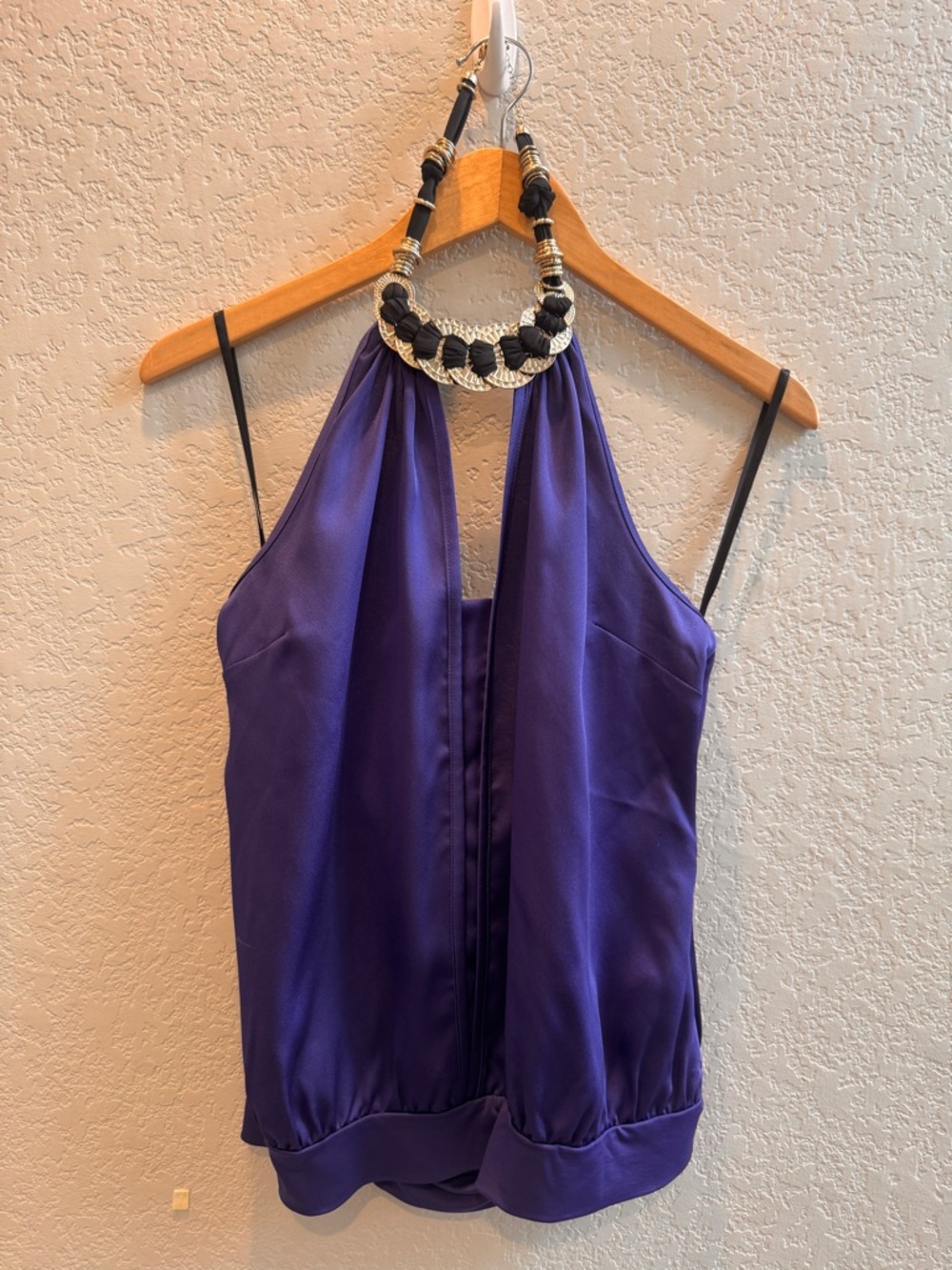 bebe Royal Purple Halter Camisole with Braided Necklace Detail